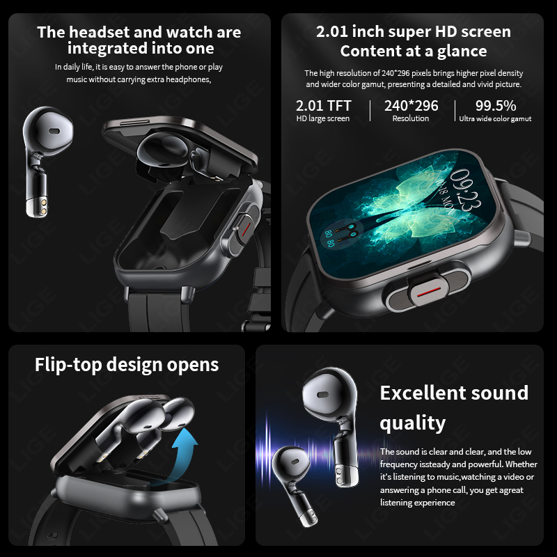 LIGE Jam Tangan Pintar 2 in 1  - Tws Earbuds Bluetooth 5.3 ulasan dan harga