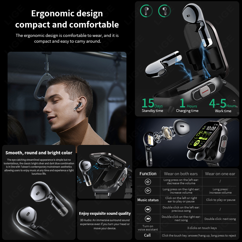 LIGE Jam Tangan Pintar 2 in 1  - Tws Earbuds Bluetooth 5.3 ulasan dan harga